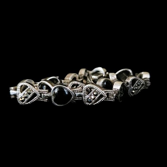 Vintage 80s Sterling Silver & Onyx Designer Heart Bracelet